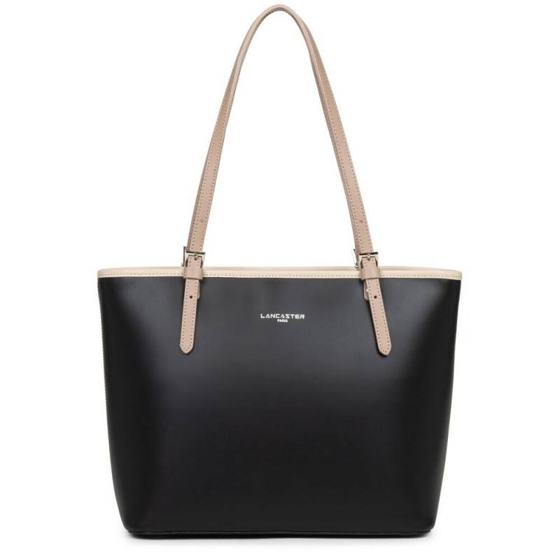 Sac shopping moyen Lancaster Smooth Fabriqué en France 437-07_NOIR_NCNF Noir, Nude Clair, Nude Foncé vue de face