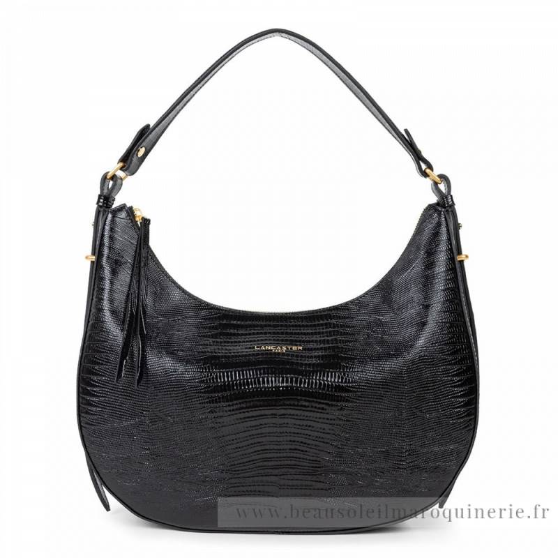 Grand sac d'épaule Lancaster Exotic Lézard & Croco 524-90-NOIR_LEZ Noir Lézard vue de face