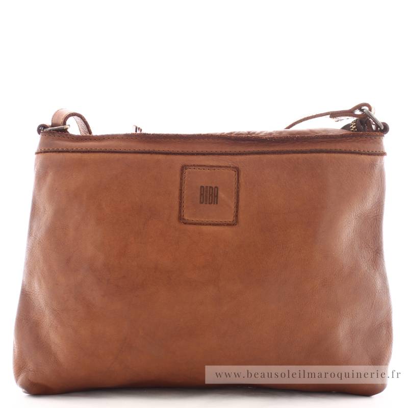 Sac plat zippé à bandoulière Biba Boston BT16 Cuero / Cognac détail cuir vue de face