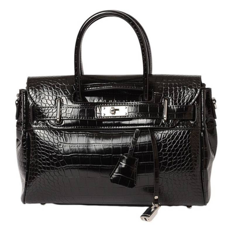 Petit sac à main Mac Douglas Pyla Rythme façon croco PYLARYCBXXS couleur noir, vue de face avec pendentifs