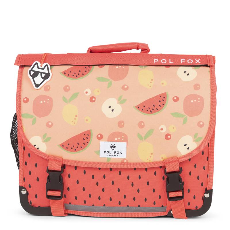 Cartable 38cm Pol Fox Tutti Frutti réversible  P7-CA38-TUTTI Rouge pastèque premier rabat (motifs fruités sur fond pêche)