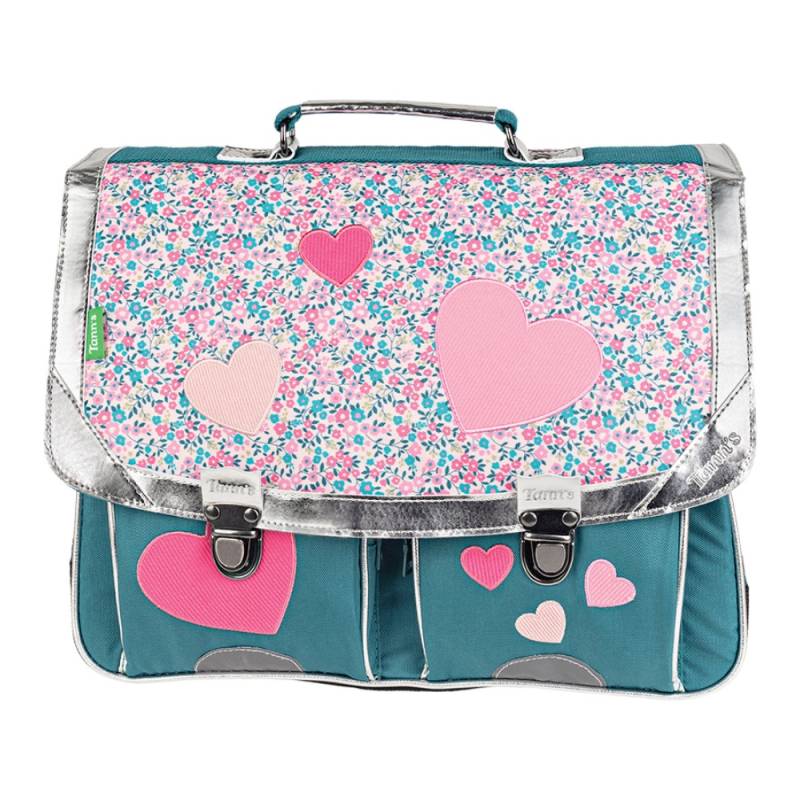 Cartable 38 cm  Tann's Maëlle patchs coeurs 44266 couleur rose/vert, vue de face