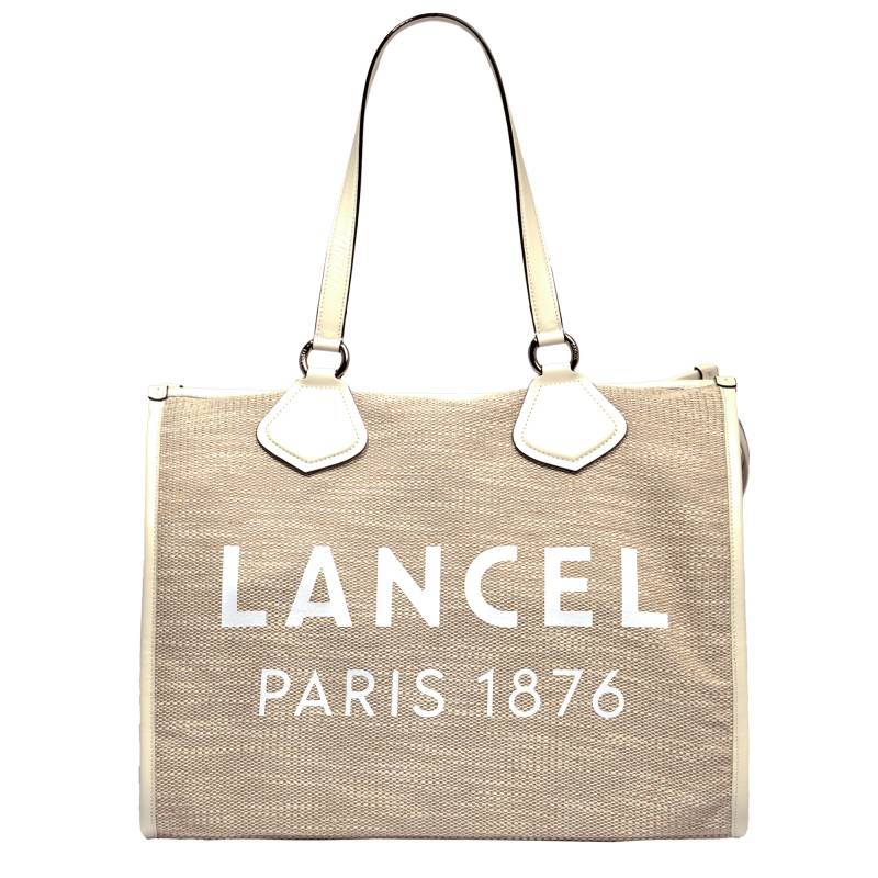 Grand sac cabas zippé L Lancel Summer Tote en jute A13310 5Z couleur Naturel/blanc, vue de face