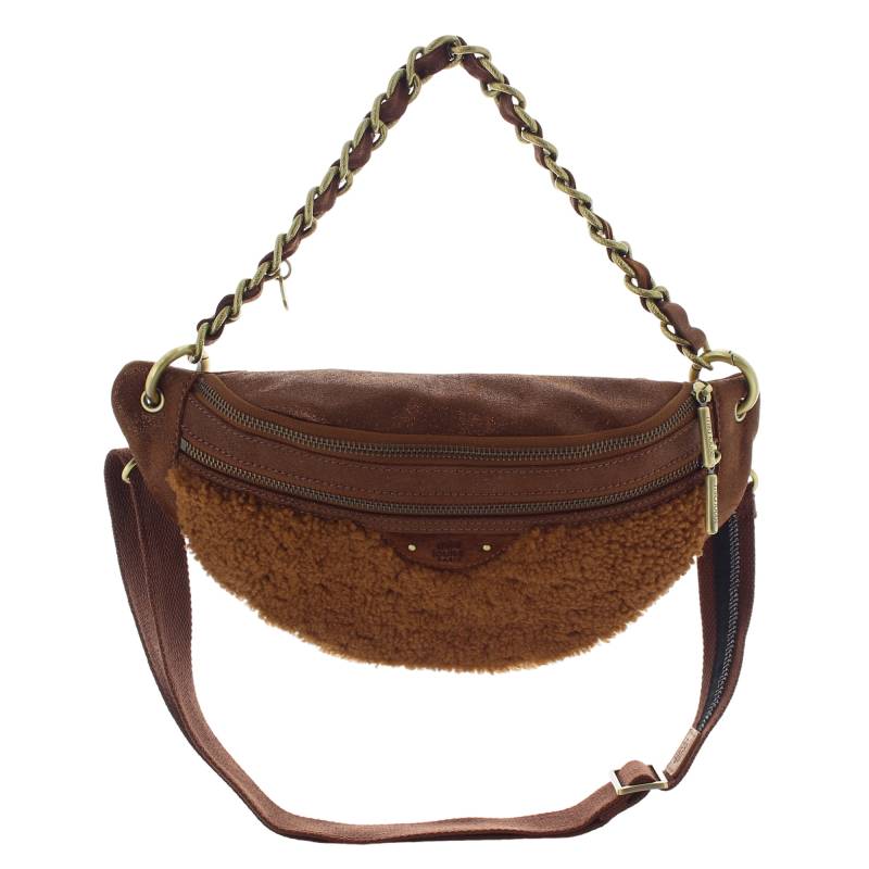 Sac banane M Mila Louise effet  fourrure petra Tvx 23689TVX 3232 couleur cognac, vue de face avec bandoulière