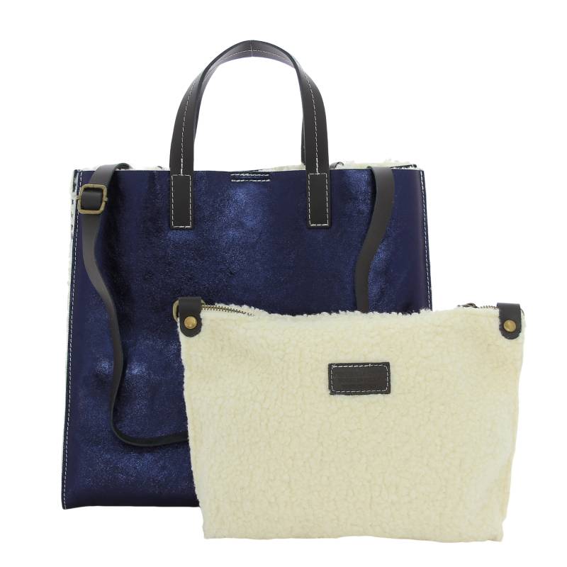 Sac porté main Marlon Firenze effet métallisé et fourrure BS3536 L033 couleur bleu marine, vue de face