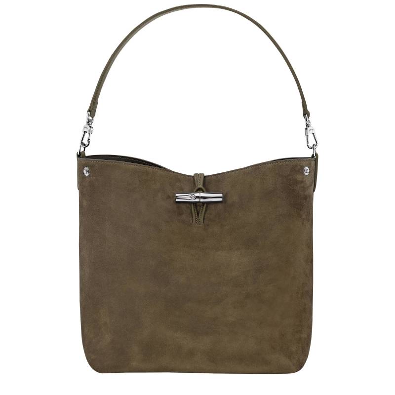 Sac porté épaule Longchamp effet velours Le Roseau 10281HFS 510 couleur olive, vue de face