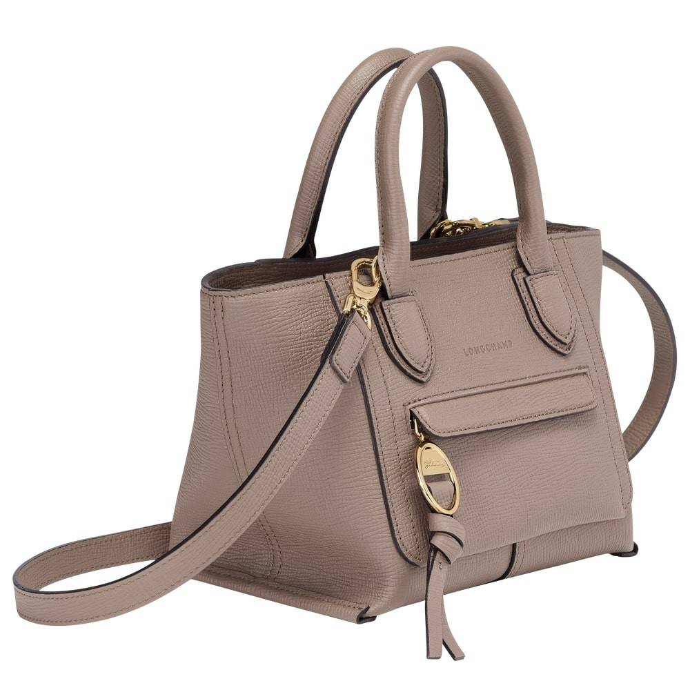 Petit sac porté main S Longchamp Mailbox 10103HTA015 Taupe vue de côté avec bandoulière