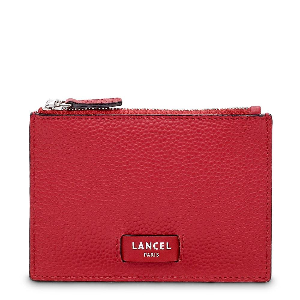 Porte-cartes zippé Lancel Ninon en cuir grainé A10537 couleur rouge vue de face.
