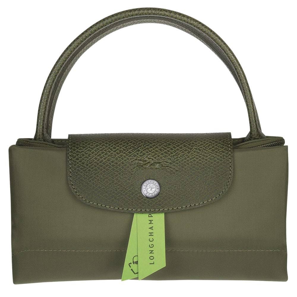 Petit sac à main S Longchamp Le Pliage Green L1621919479 Forêt vue sur le sac replié avec étiquette