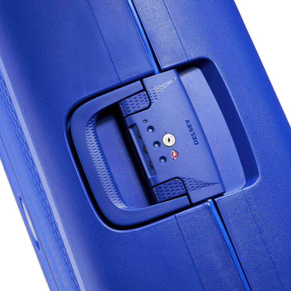 Valise trolley cabine 4 roues Delsey Moncey 0038448032200 couleur bleu marine vue latérale fermeture avec code