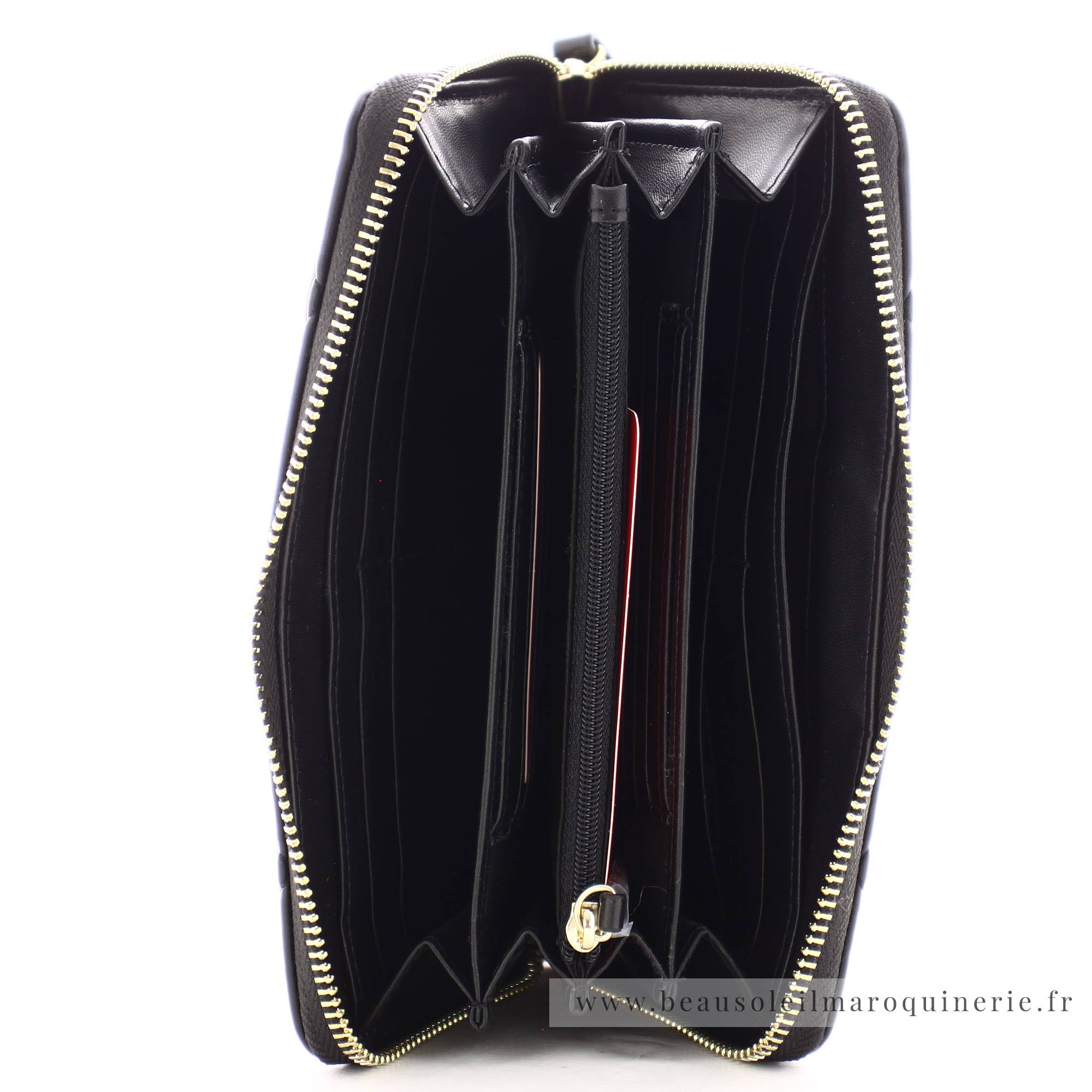 Grand portefeuille zippé effet matelassé Valentino VPS3KK155 couleur noir vue de l'intérieur