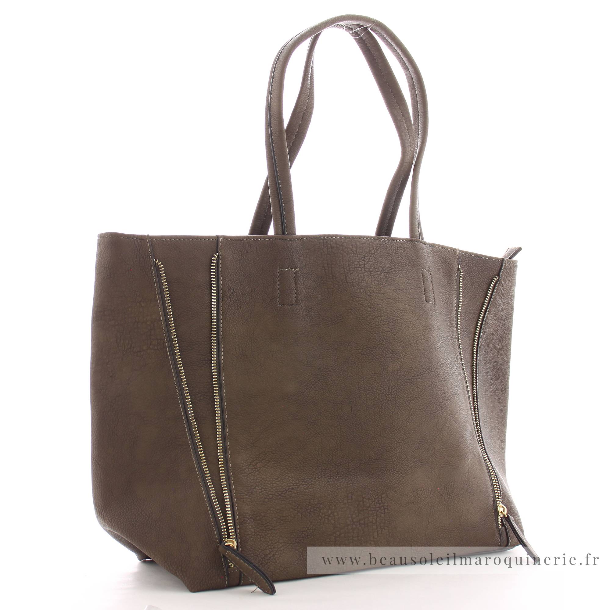 Grand sac shopping Fuchsia porté épaule Cara F1598-1TAU couleur taupe vue de profil