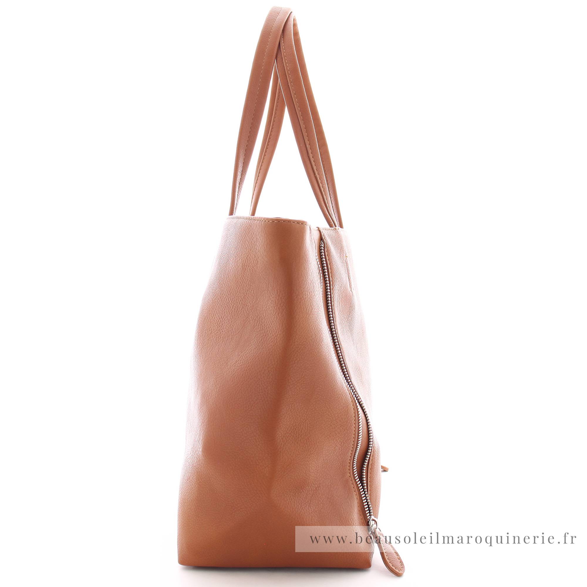 Grand sac shopping Fuchsia porté épaule Cara F1598-1COG couleur cognac vue de côté