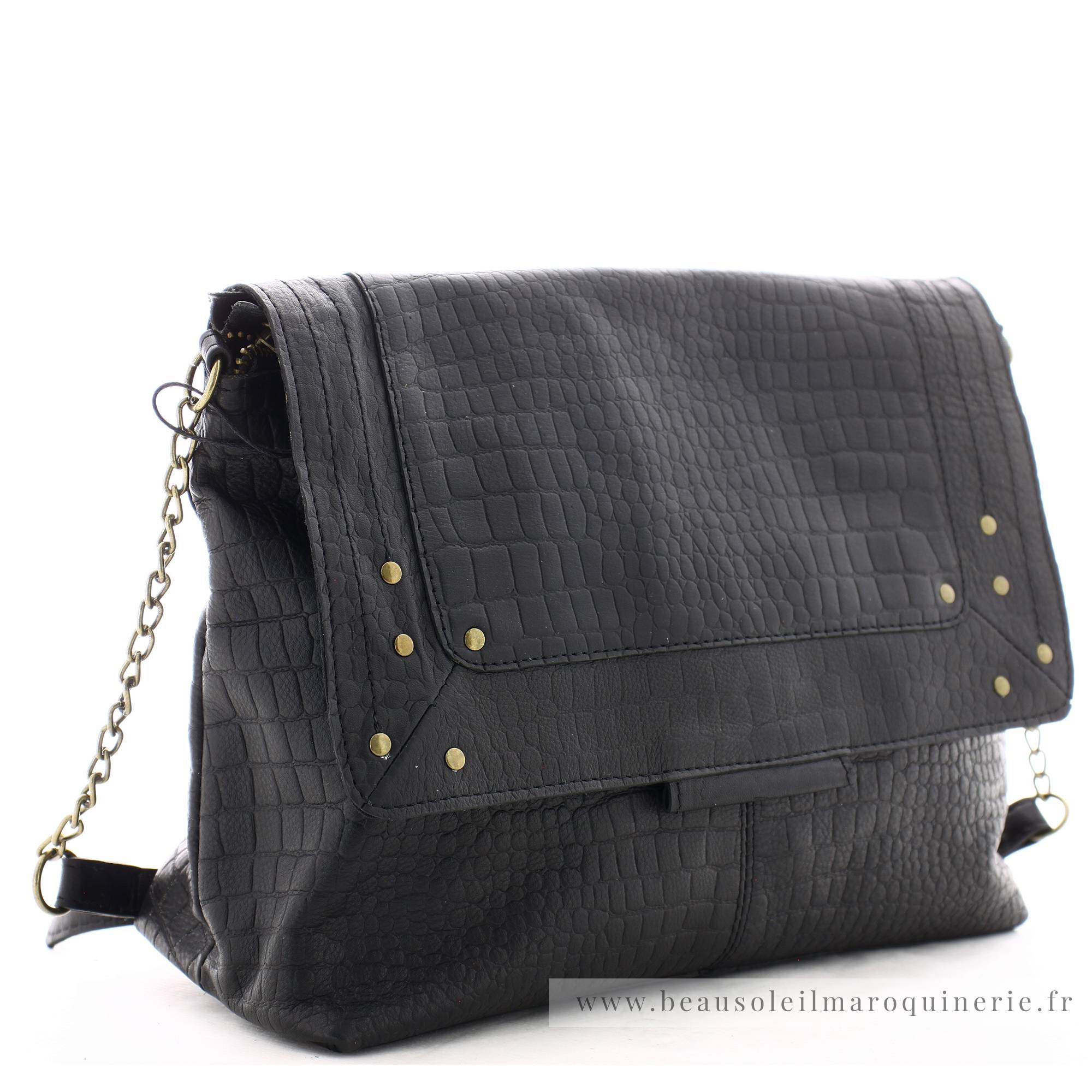 Grand sac Pieces besace Felizia cuir à rabat 17116819 BLCR noir croco vue de profil