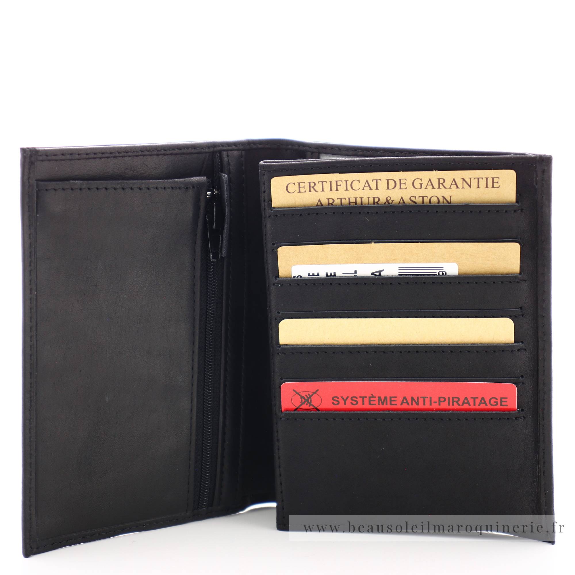 Grand portefeuille cuir gras Arthur & Aston Louis 94-423 Noir couleur noir ouvert sur porte cartes