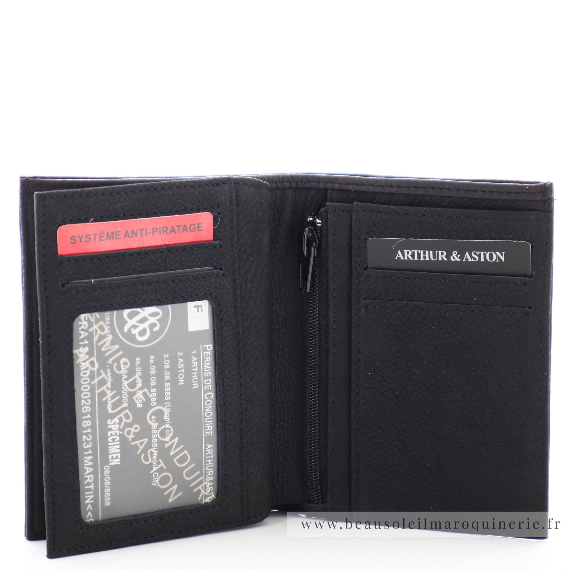 Portefeuille en cuir 1978-127-A Arthur & Aston couleur noir  ouvert sur poche transparente