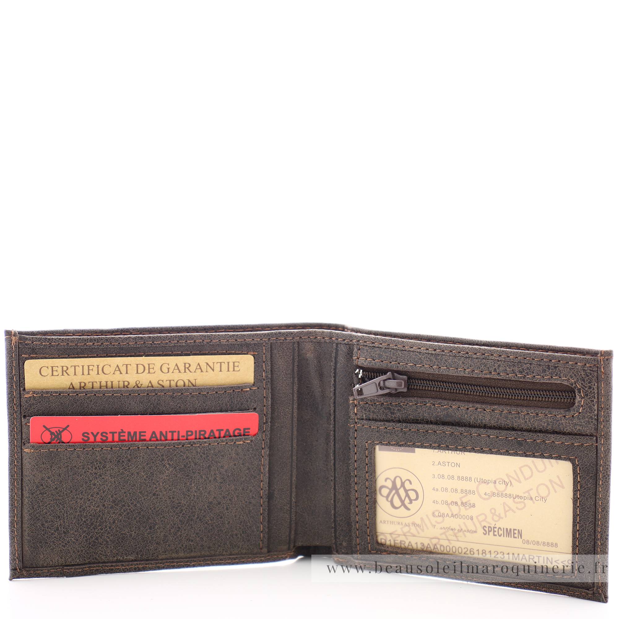 Porte cartes + monnaie en cuir de vachette Arthur & Aston 1438-573 C couleur châtaigne ouvert
