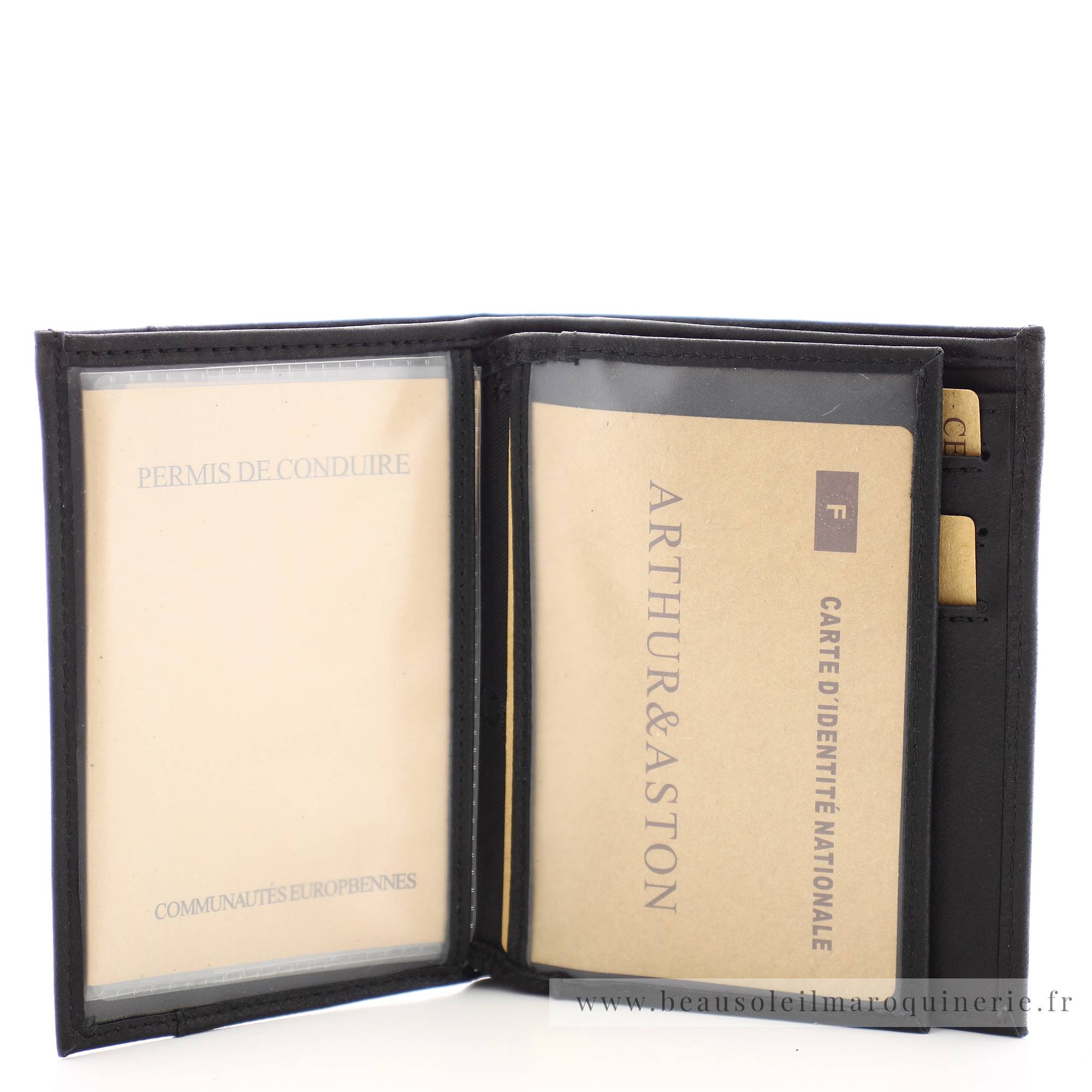Portefeuille européen Arthur et Aston 1438-800 A couleur noir ouvert sur fenêtres transparentes