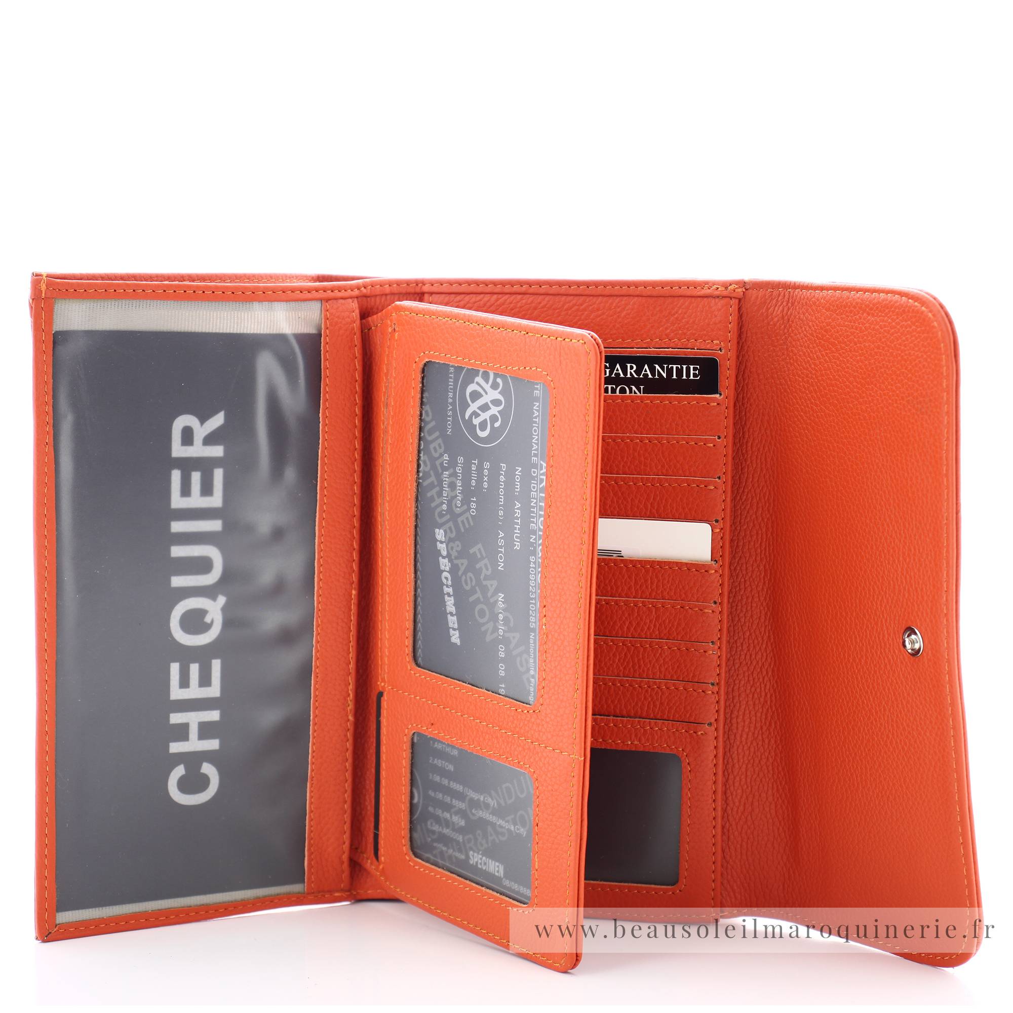 Compagnon porte-chéquier Célia  2023-197-J couleur orange, vue intérieur avec fente cartes