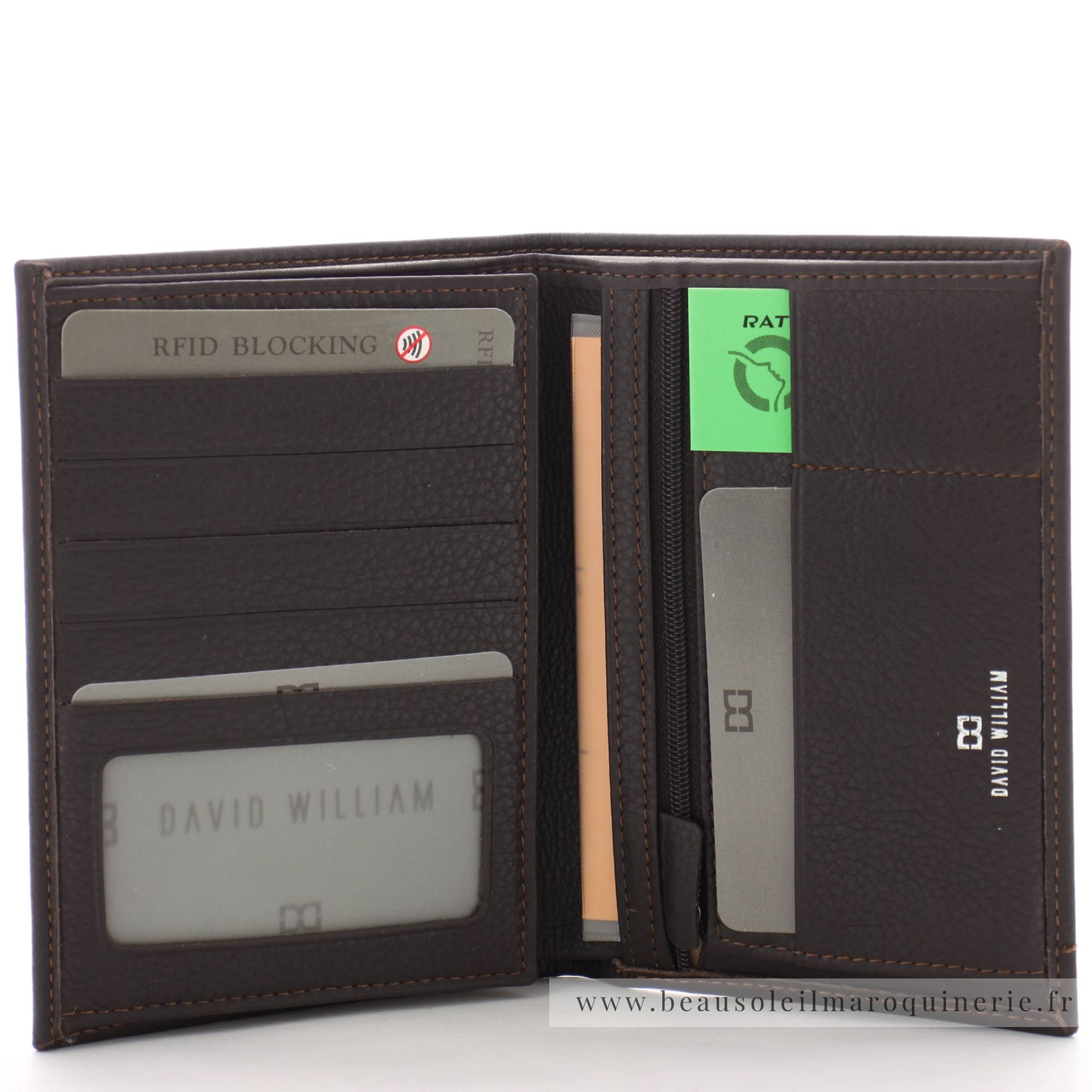 Portefeuille 2 volets en cuir de vachette David William D5391MAR de couleur marron, rangements cartes