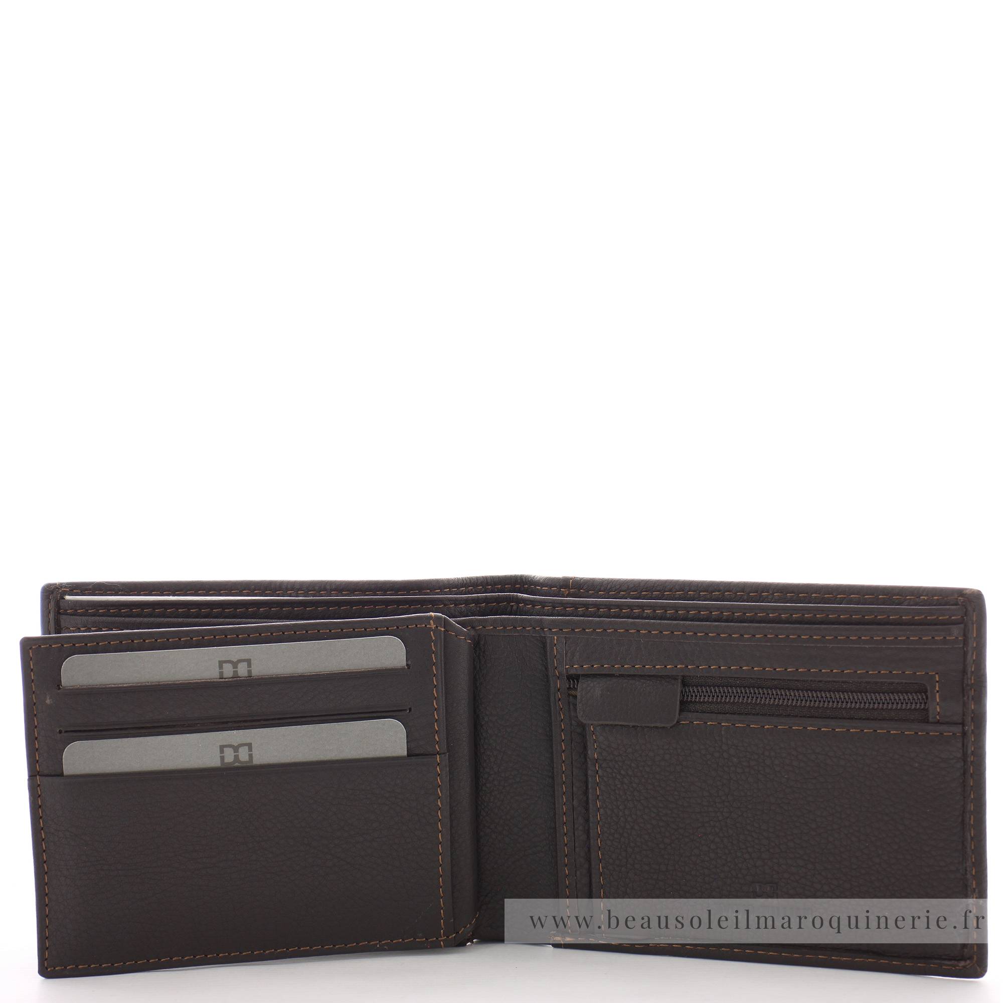 Portefeuille italien en cuir de vachette David William Helva D5396MAR de couleur marron, ouvert sur portes cartes