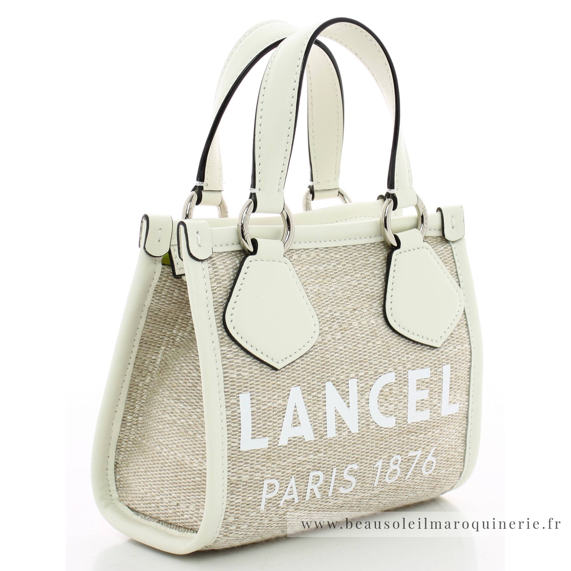 Mini cabas d'été Lancel en toile de jute et cuir lisse Summer Tote A12285 5Z naturel/blanc vue de profil