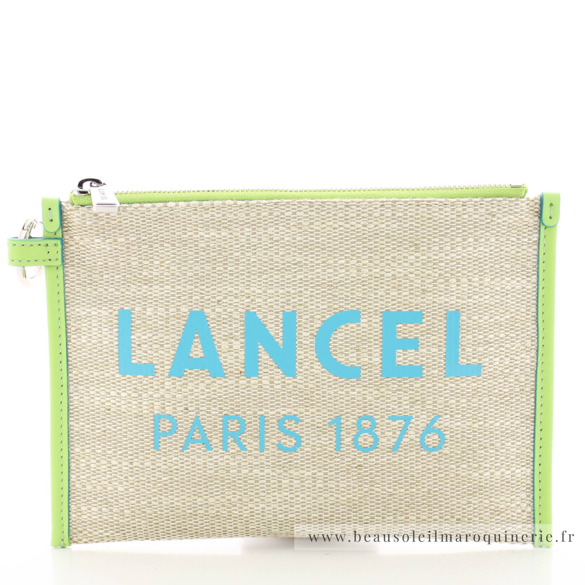 Pochette zippée Lancel en toile de jute A12354 GN couleur Naturel / Vert Pomme vue de face