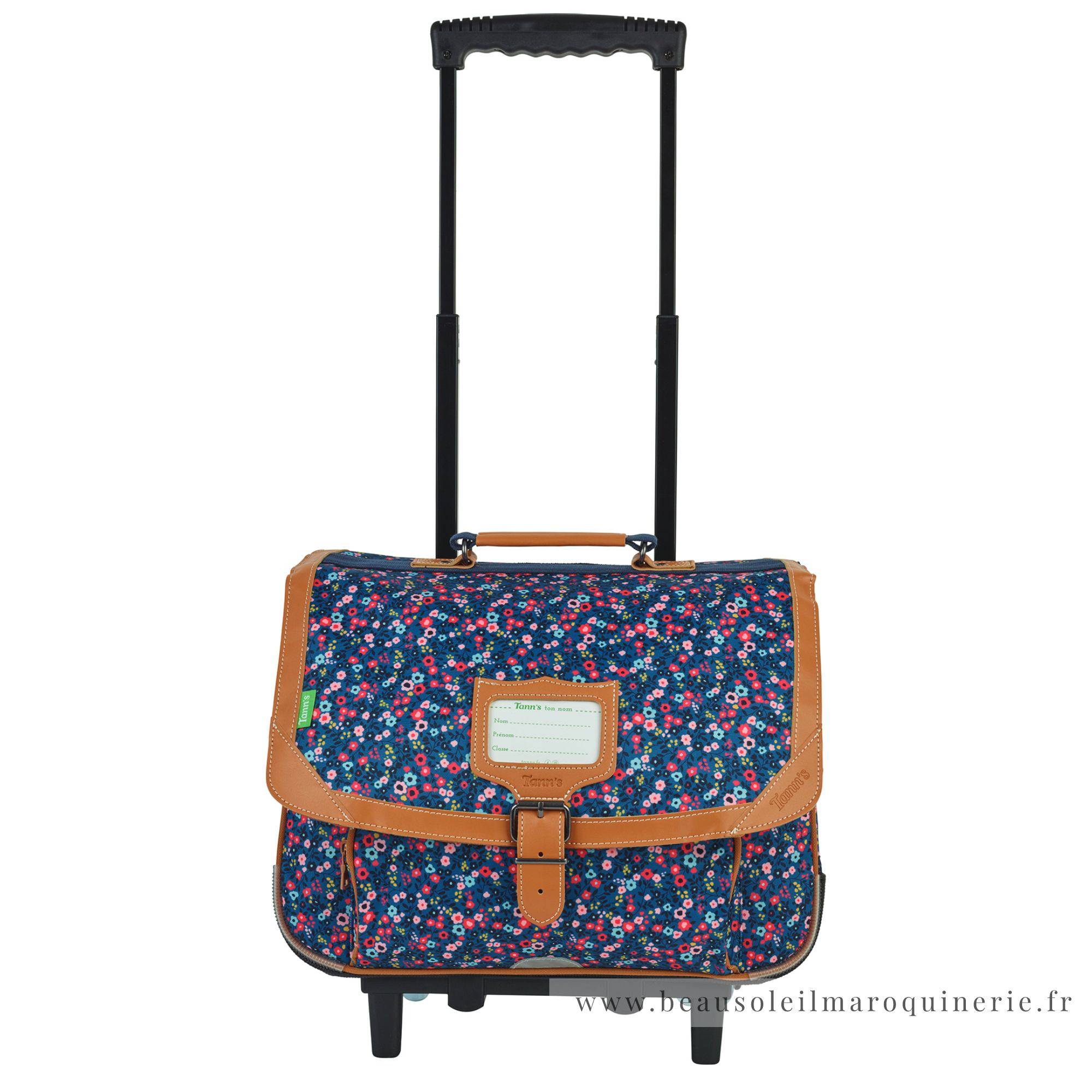 Trolley cartable Tann's au motif fleuri Lou Ann 38 cm 42136 couleur Bleu/Rose vue de face