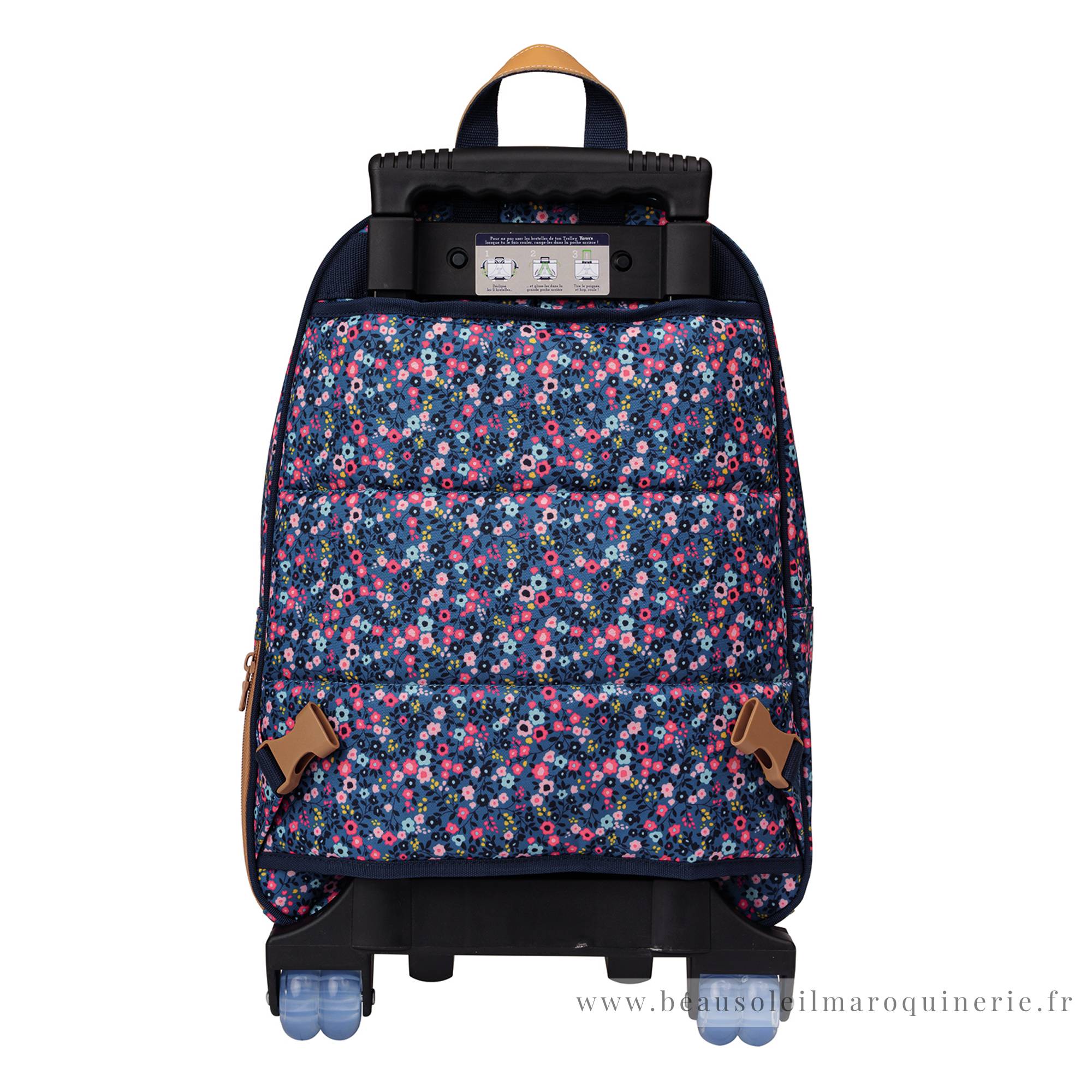 Trolley sac à dos L Tann's Lou Ann motif fleuri 73136 couleur Bleu/Rose, vue de dos avec bretelles et cache roues