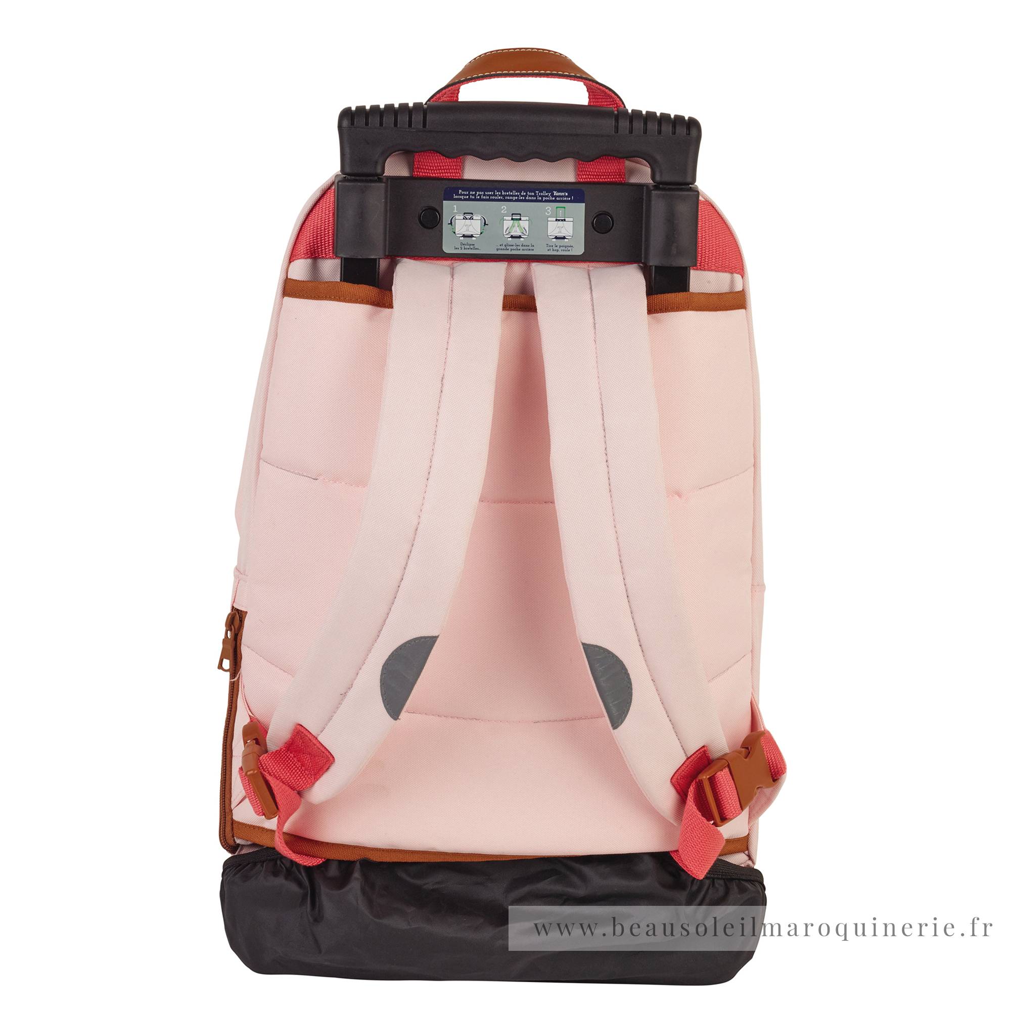 Trolley sac à dos L Tann's Adriana patchs Mexique 73141 couleur Rose Corail, vue de dos avec bretelles et cache roues