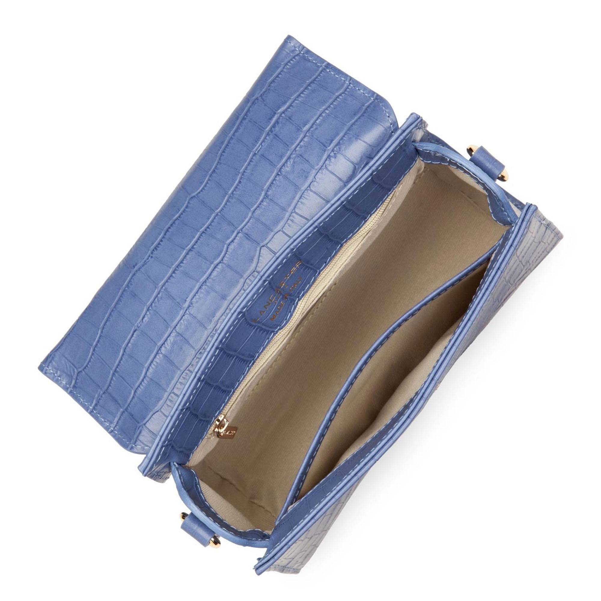 Sac à main à rabat Lancaster Exotic Trinity 480-033 BL/CR couleur Bleu croco, ouvert