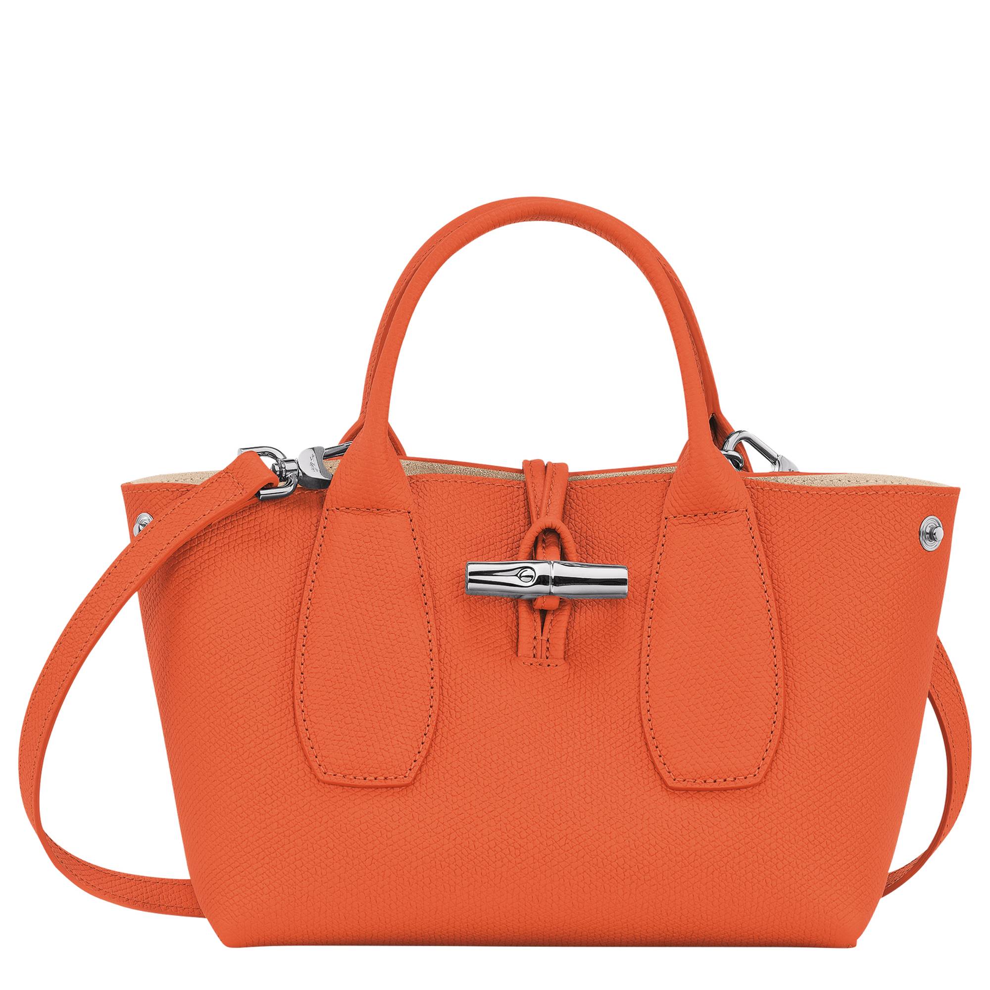 Petit sac à main S Longchamp Roseau 10095HPN 017 couleur  orange, vue de face avec bandoulière