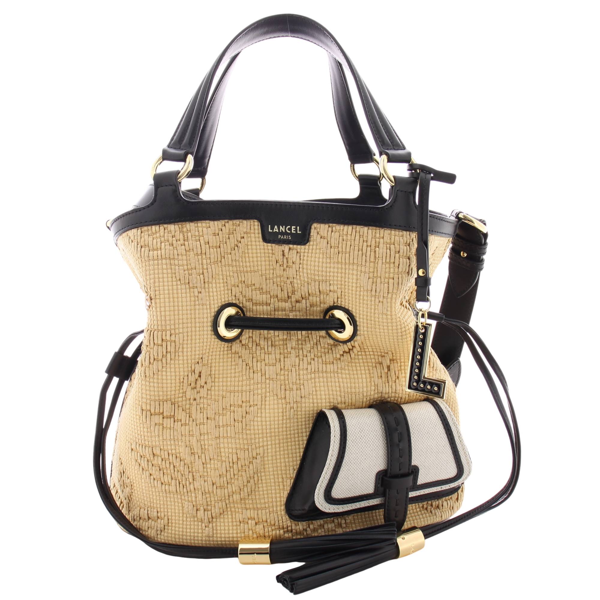 Sac seau M Lancel Premier Flirt en raffia A12798 8A Naturel/Noir, vue de face