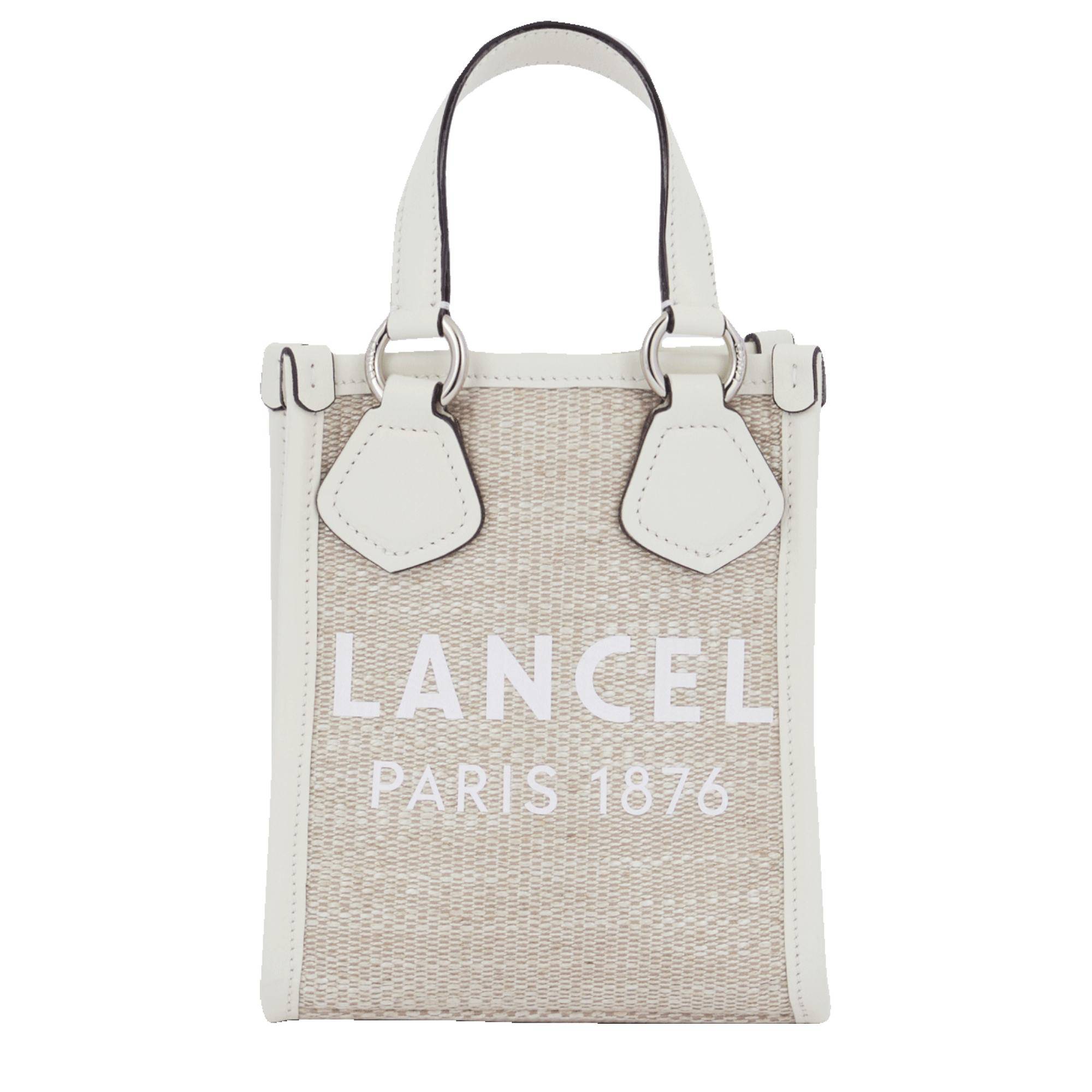 Mini cabas vertical d'été Lancel Summer Tote en toile de jute A12334 5Z Naturel/Blanc, vue de face