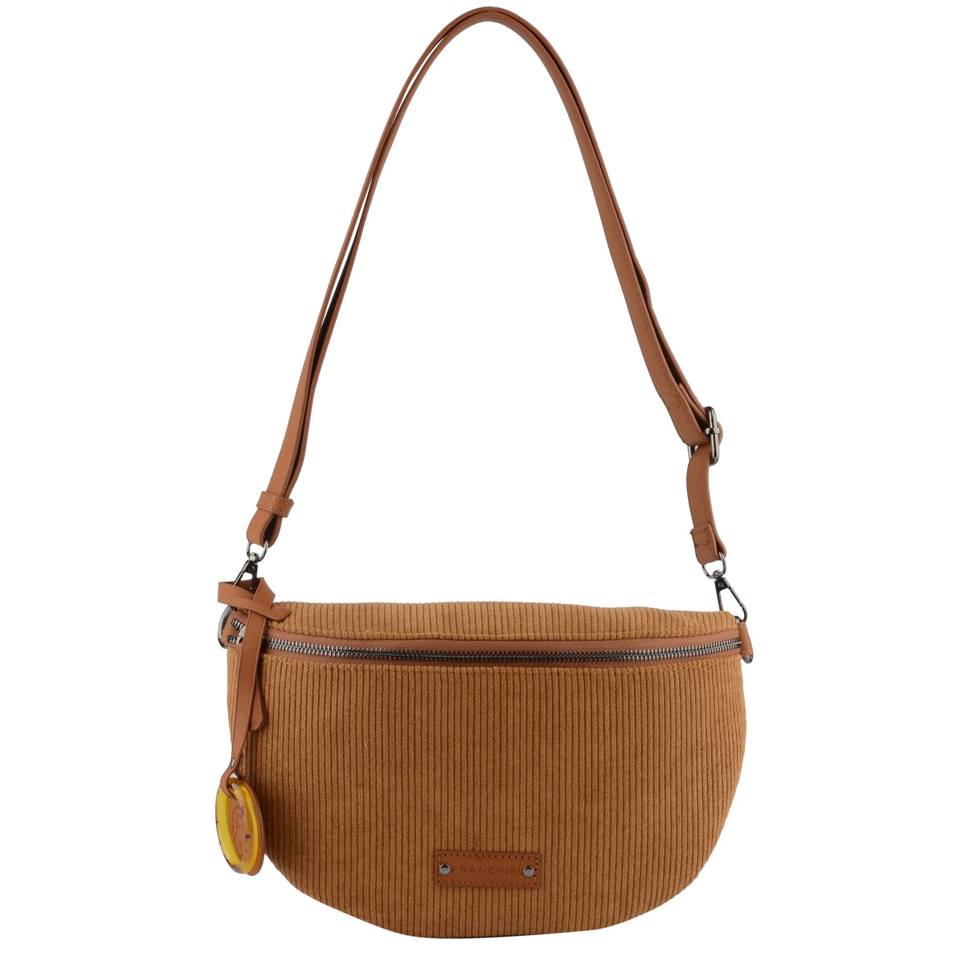 Sac Banane Francinel velours Harmonie 292364CAM  couleur camel, vue de face avec bandoulière