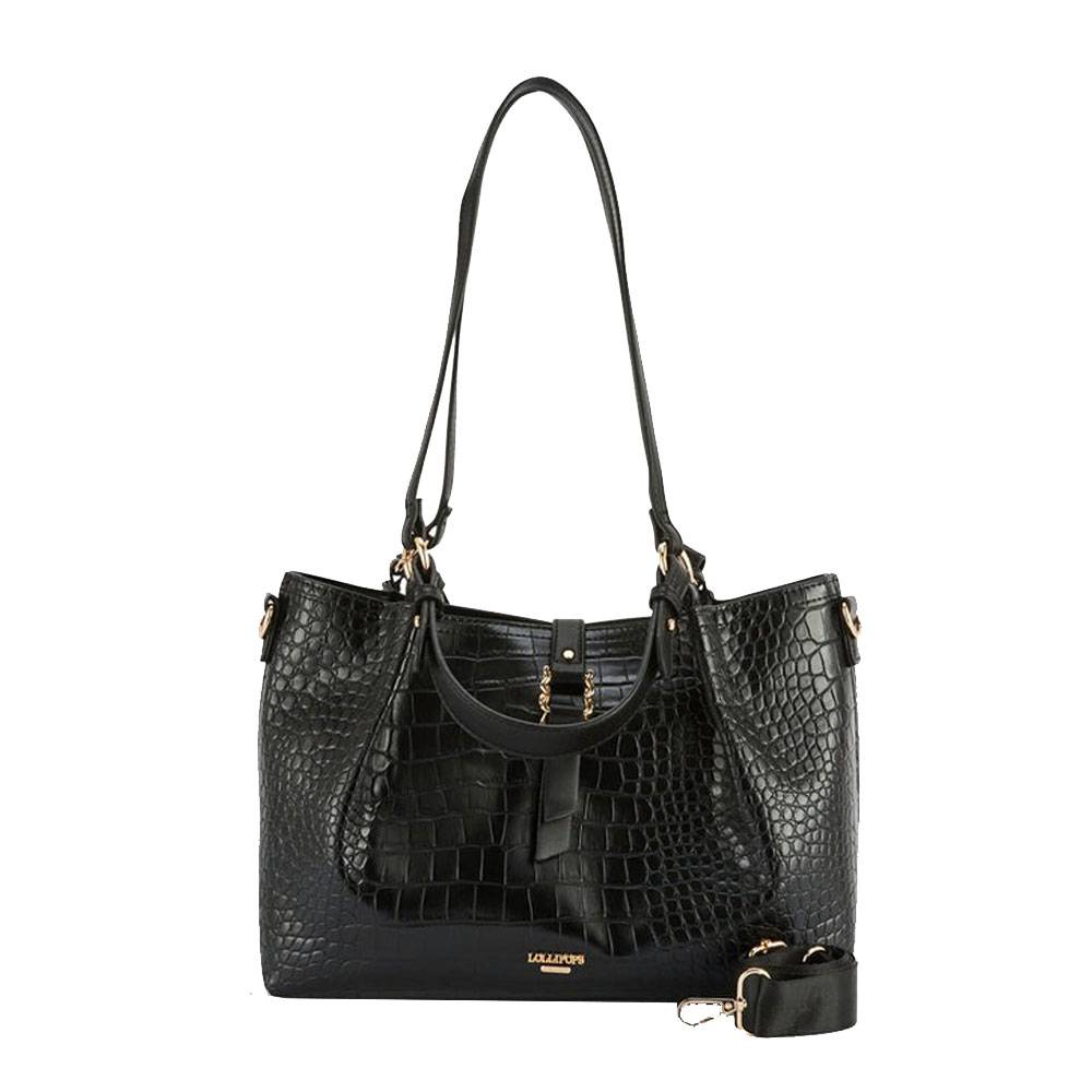 Sac porté épaule style crocodile Lollipops Olizy S270344 N0DX, couleur noir vue de face