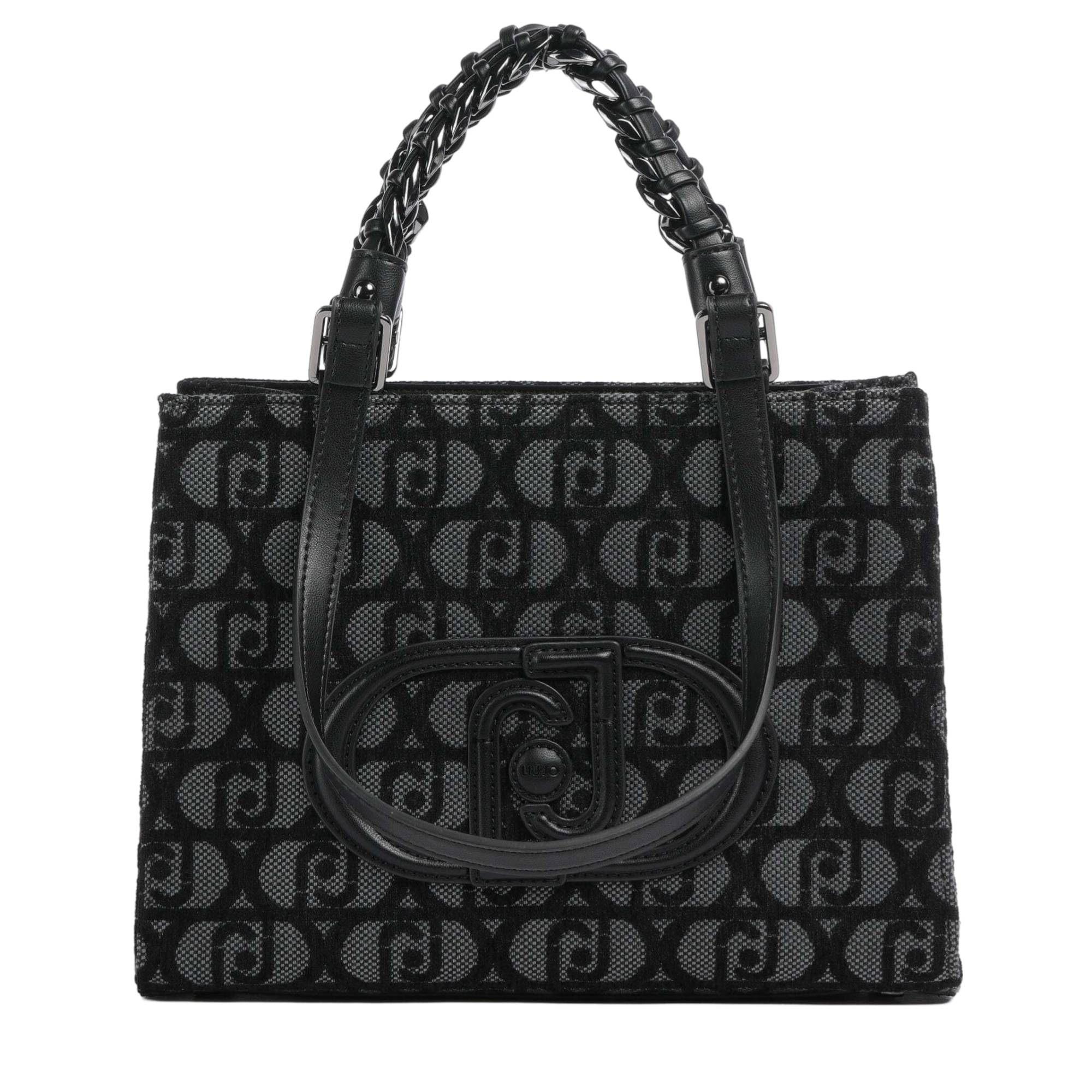 Sac shopping porté main Liu Jo imprimé Logo  Rubino  AF4246T6438 Y9679 couleur noir/gris vue de face avec bandoulière