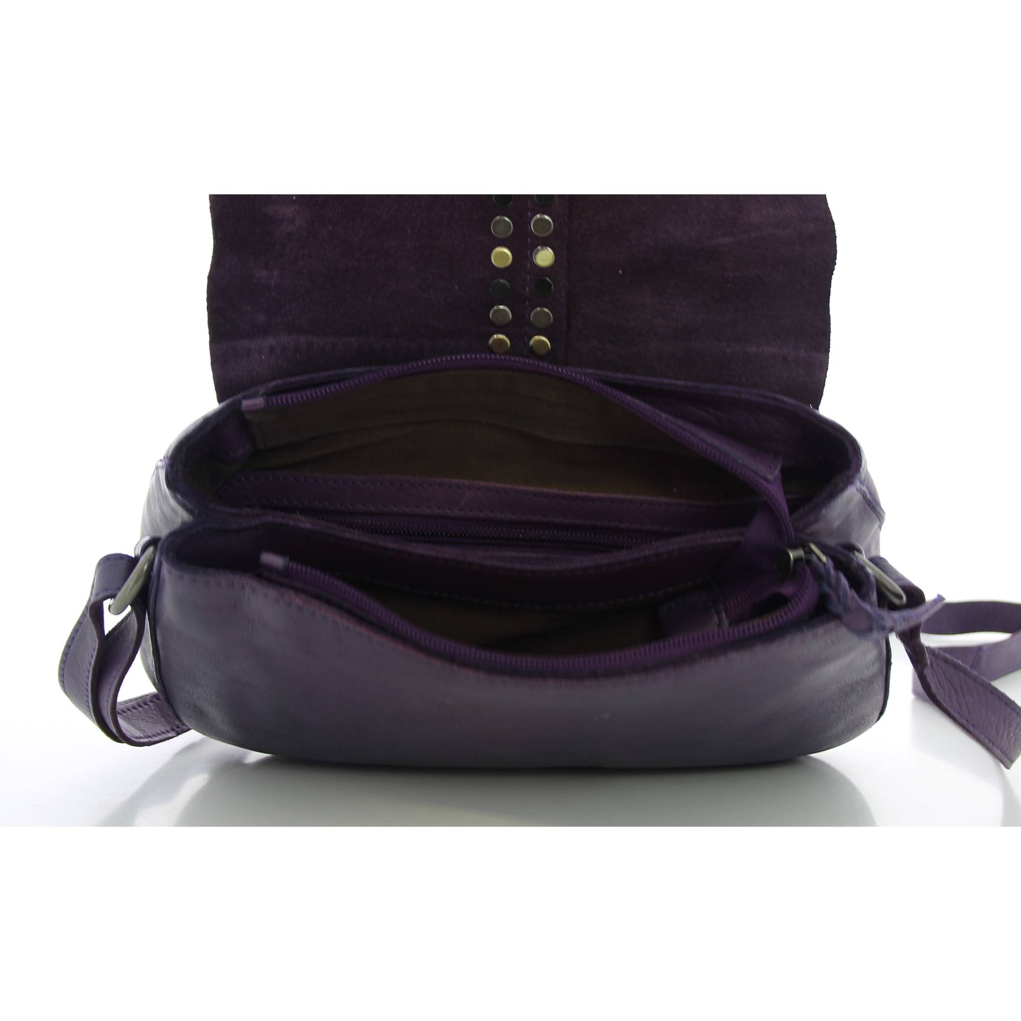 Sac porté bandoulière à rabat en cuir Hancock HAK2L MORADO couleur violet, ouvert