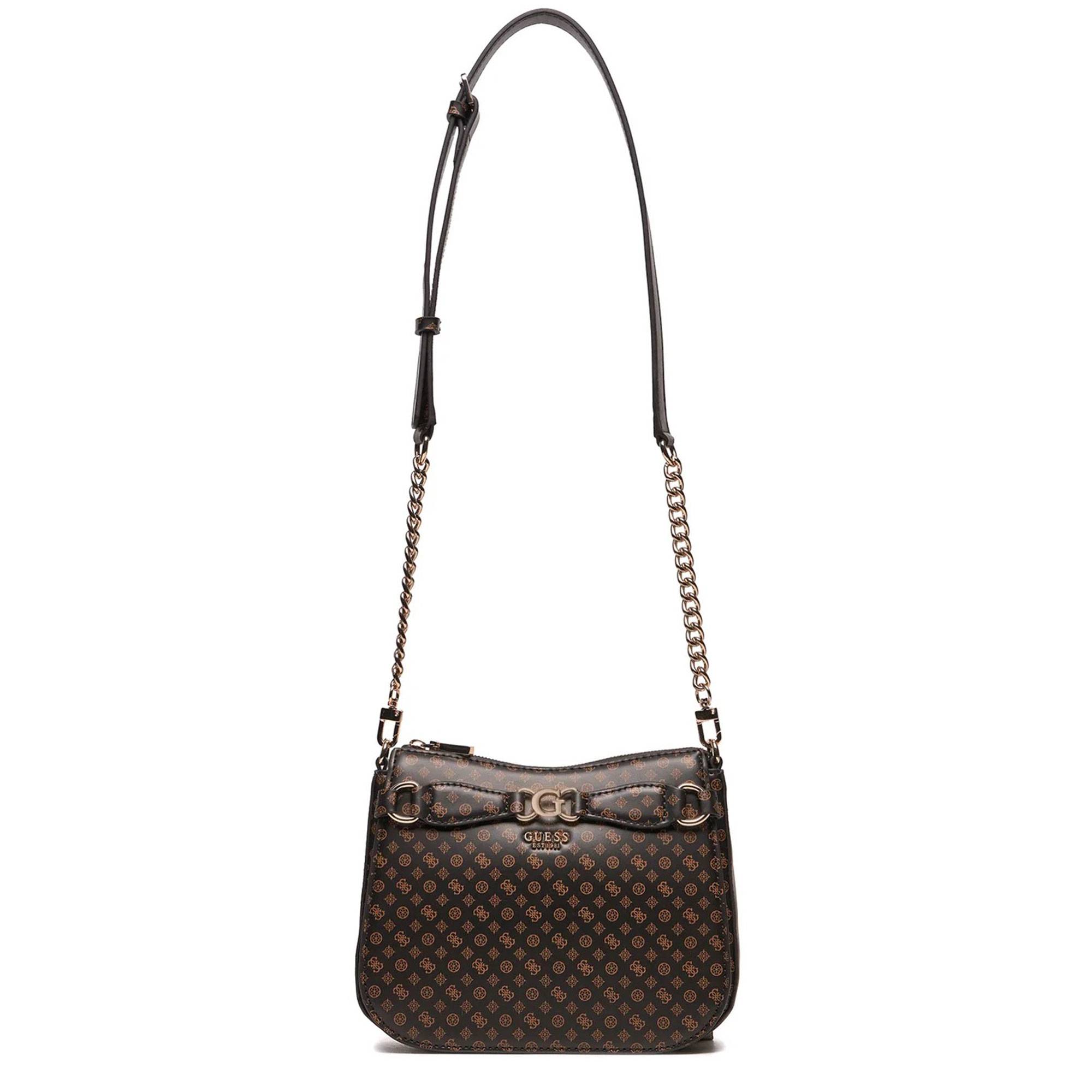 Sac bandoulière Guess imprimé logo Arlena HWPS933604 MLO couleur marron, vue de face avec bandoulière