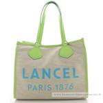 Sac cabas L en toile de jute Lancel A10749 GN couleur, Naturel / Vert Pomme avec maxi logo bleu